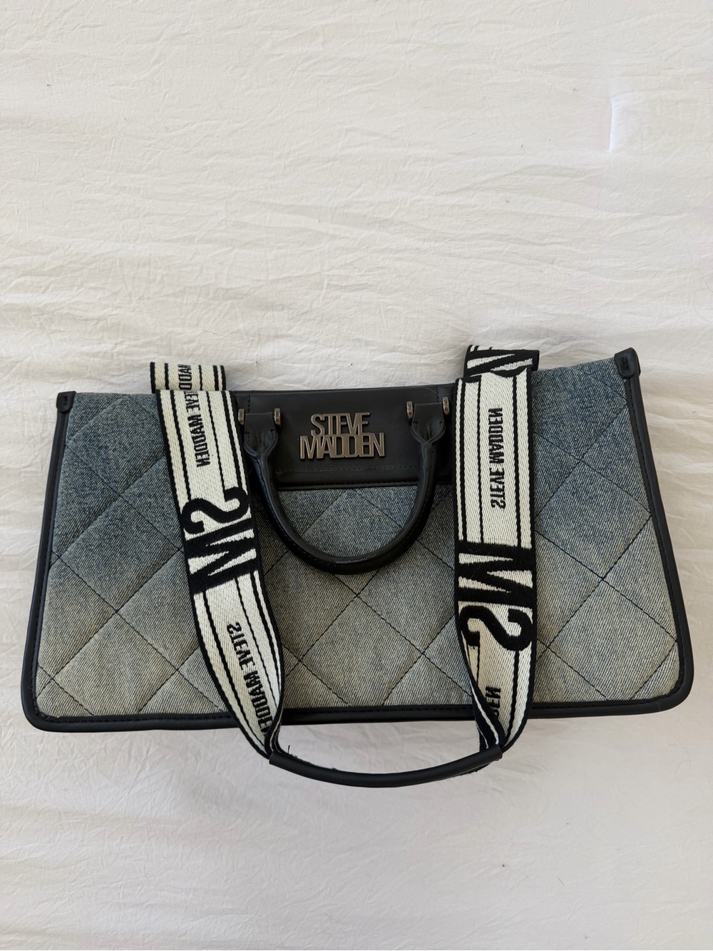 Steve Madden Quilted Denim Tote with Branded Strap in Blue and Black